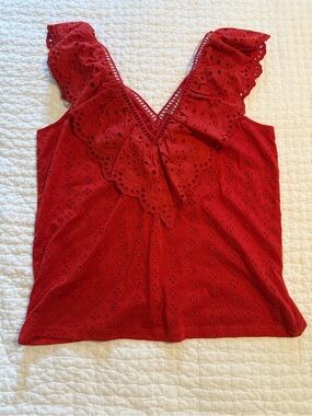 LOFT Red Eyelet Ruffle V-Neck Tank